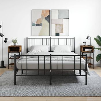 Mesita De Noche - Dormitorio - Madera De Ingeniería Y Hierro - Roble Ahumado (35x34.5x70cm)