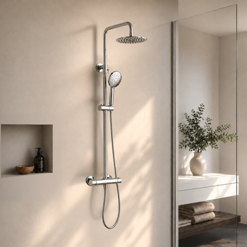 Columna De Ducha Con Grifo Termostática Chromo, Ducha De Lluvia Chromo, Acero Inoxidable, Con Ducha De Techo Y Ducha De Mano - Lomazoo Ariël