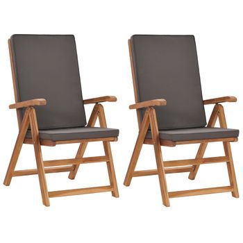 Sillas De Jardín Reclinables Y Cojines 2 Uds | Silla De Exterior | Sillón Teca Maciza Gris