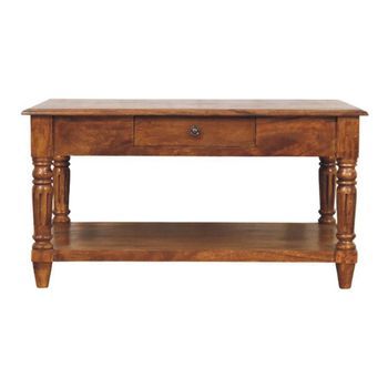 Mesa De Centro De Madera Maciza, Estilo Artesanal, Con Patas Torneadas Y 2 Cajones, Color Castaño.