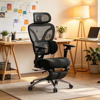 Silla Ergonómica De Oficina Negra Con Reposapiés Extraíble Y Soporte Lumbar 3d
