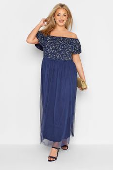 Luxe Vestido Azul Marino Bardot Con Lentejuelas, Mujer Curvy Y Tallas Grandes, Luxe: Ultimate Embellishment