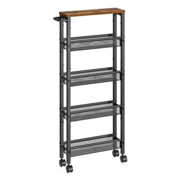 Carro De Cocina Estrecho 5 Niveles Con Ruedas Y Asa Acero - Marrón Y Negro