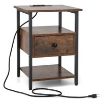 costway 12 mesita de noche de 3 niveles con estacion de carga mesa lateral de sofa con estantes y cajon marco metalico para dormitorio salon marron