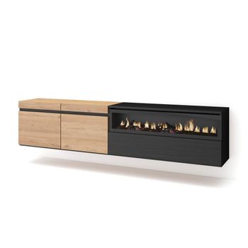 Mueble tv efecto madera roble y negro 200x35x45 chimenea efecto fuego
