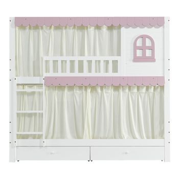 Litera De Madera 90x200cm Con 2 Cajones Y Estantes Blanco Y Rosa (con Cortinas)