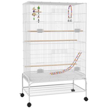 PawHut Jaula para Pájaros con Ruedas Bandeja Extraíble Puertas Comederos Perchas y Estante Inferior 79x49x133 cm Blanco