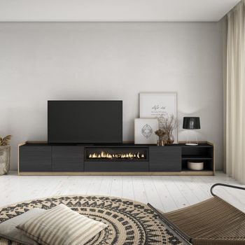 Mueble tv efecto madera negro roble 310x37x50cm chimenea efecto fuego