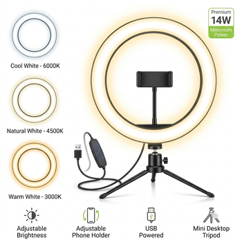 Aro de Luz LED 14W con Trípode de Mesa y Soporte para Móvil | 3 Modos de Luz, Brillo Regulable, USB 5V, Mini Ring Light para Streaming, TikTok, Maquillaje y Videollamadas