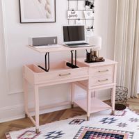 escritorio con tablero elevable en efecto de madera rosa