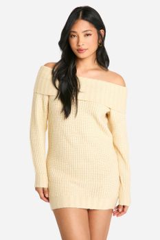 Vestido Jersey Petite Mini De Canalé Ancho Con Escote Bardot, Beige