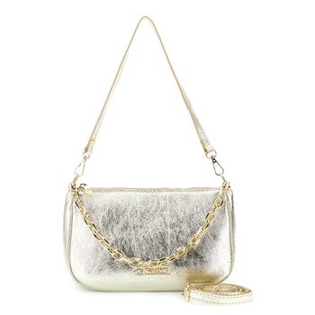 bolso de hombro de piel laminada con asa de cadena dorada light gold