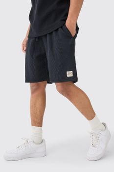 Pantalón Corto Holgado Texturizado De Largo Medio Con Etiqueta De Tela, Negro