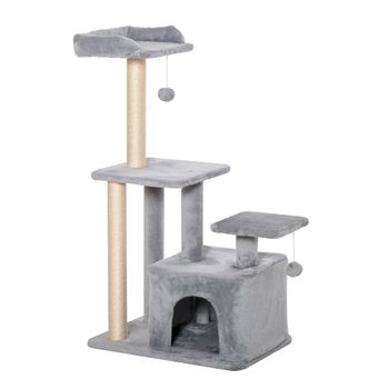 PawHut Árbol Rascador para Gatos Altura 114 cm con Postes de Sisal 3 Plataformas Casita y 2 Bolas Colgantes Gris Claro   Aosom España