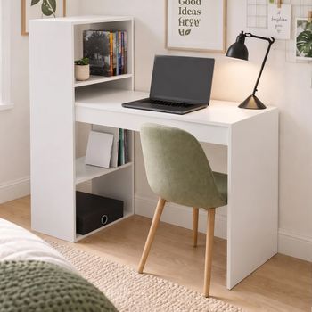 Escritorio Estudio Con Estanteria De Baldas, Mesa De Ordenador, Mesa Auxiliar, Oficina, Blanco Dormidán