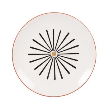 Plato de postre de cerámica blanca con dibujos en negra y marrón