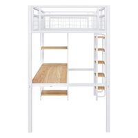 cama alta de metal blanca de 90 x 200 cm con escritorio y estantes