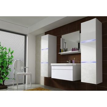 Conjunto De Muebles De Baño Blanco, Colección Raven. 2 Columnas, Espejo, Mueble Bajo Lavabo, Lavabo De 80 Cm, Sifón Y Leds.