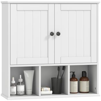Mueble De Baño Mural De Mdf Con 2 Puertas Y Estantes Abiertos Homcom 60 X 19,5 X 60 Cm – Blanco