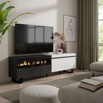 Mueble tv efecto madera blanco y negro 200x35x57 chimenea efecto fuego