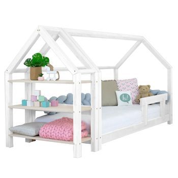 Cama Cabaña Con Estante 120 X 200 Blanco Y Natural