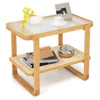 costway mesa auxiliar de bambu de 2 niveles con tapa de vidrio estante de ratan pepara sala de estar cuarto 705 x 445 x 545 cm natural