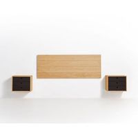 cabecero acabado madera maciza natural  2 mesitas flotantes tres cajones acabado cera  negro medidas cabecero 155 x 60 x 2 cm
