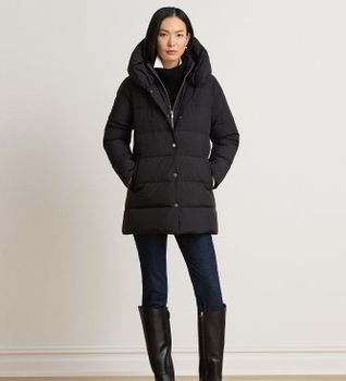 Lauren Ralph Lauren para mujer. 297962420002 Abrigo de plumas con capucha negro (M), Casual, Poliéster