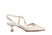 zapato de salon abierto por detras modelo asimetrico de red con pedreria en la parte delantera light gold
