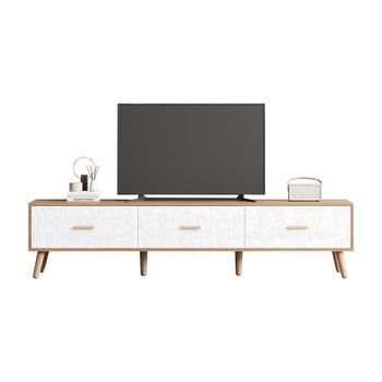 Mueble De Tv Bajo Estilo Vintage Con Puerta Veteada Blanca - Mueble De Salón 150 Cm - Madera Clara