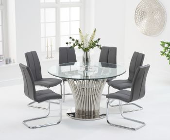 Hans Round 130cm Glass Table With Tarin Faux Leather Chairs - Grey, 4 Chairs