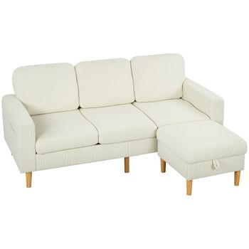 HOMCOM Sofá 3 plazas con reposapiés, sofá de terciopelo acanalado, asiento y respaldo acolchados, 192x138x85 cm, beige