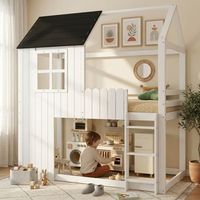 cama loft para ninos en forma de cabana con ventanas escalera de 3 peldanos barreras en pino y mdf blanco y negro 90x200 cm