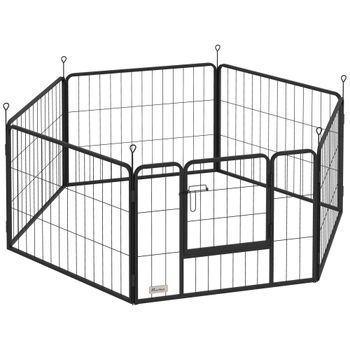 PawHut Parque para Perros de 6 Paneles de 60 cm de Altura con Puerta para Interior y Exterior Negro