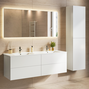 Conjunto De Muebles De Baño Con Columna 140 Cm - Lomazoo Nuvano - Blanco Brillante - Lavabo Blanco