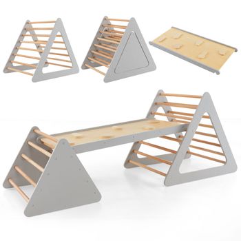 Costway Set de Escalada 3 en 1 para Niños 2 Escaleras Triangulares y 1 Rampa para Deslizar y Escalar Puente de Madera