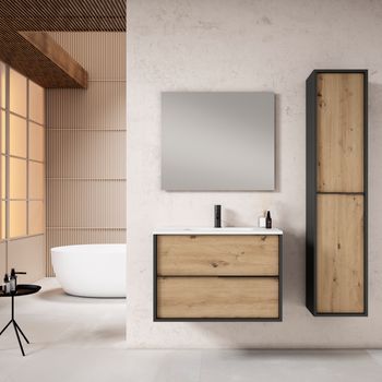 Mueble Doly 60 Cm, Estructura Antracita Mate Frontal Roble Moderno. Pack Mueble + Lavabo.