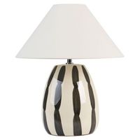 lampara de mesita de noche hecha a mano pantalla blanca base de ceramica beige y negro luchetti