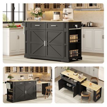 Isla De Cocina Con Encimera Extensible, Enchufes Usb, Ruedas Y Acabado Negro Roble