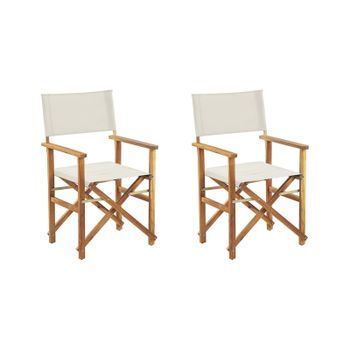 Conjunto de 2 sillas de jardín de tela blanco crema madera de acacia clara plegable director Cine
