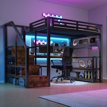 Cama Alta 140 X 200 Cm Con Escritorio, Estante - Estructura De Hierro - Leds, 2 Puertos Usb Y 1 Puerto Tipo C - Negro (colchón No Incluido)