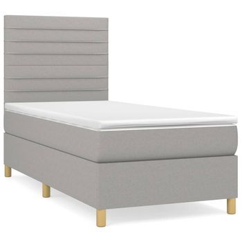 Cama Individual | Cama Box Spring | Cama Para Adultos Con Colchón Tela Gris Claro 100x200 Cm