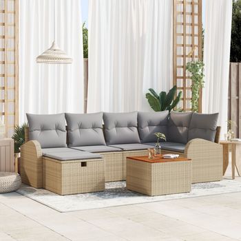 Juego De Sofá De Jardín De 7 Piezas Con Cojines Beige Poliratán V7140 Unico / Beige