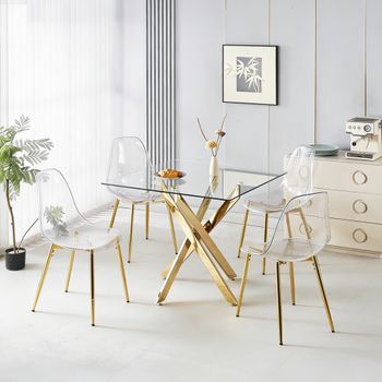 Conjunto De Comedor - Mueble De Comedor - Metal Y Terciopelo - Dorado