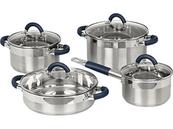 Set de ollas - Jata Hogar BC 8, 4 piezas acero inoxidable con tapas vidrio, apto para todo
