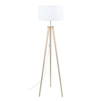 Lámpara de pie trepied trípode madera natural metal pantalla blanco
