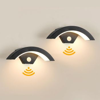 Apliques de pared con diseño de arco de 2 uds, luz de pared para exteriores PIR con Sensor de movimiento LED integrado, lámpara de seguridad moderna resistente a la intemperie