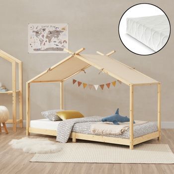 Cama Para Niños Brome Forma Casita Con Colchón Y Techo Pino 90x200cm - Natural Y Beige [en.casa]