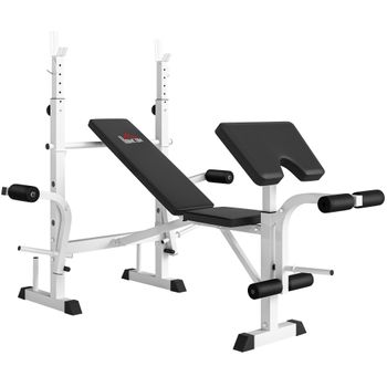 HOMCOM Banco de Musculación Inclinable con Soporte para Barra Ajustable Extensión de Piernas y Curl de Predicador para Gimnasio