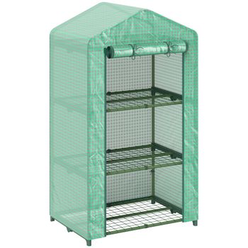 Outsunny Invernadero de Jardín de 3 Niveles Puerta Enrollable Marco de Metal Cubierta de PE Anti-UV 69x49x125 cm Verde
